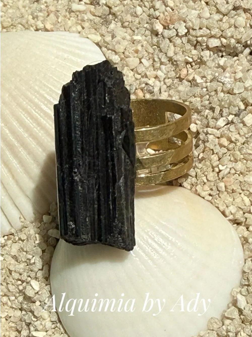 Black Tourmaline Raw Column Ring with Gold Band